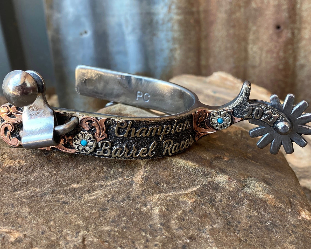 B. Custom Trophy Spurs Fully Engraved or Half Engraved. Shea Michelle Buckles