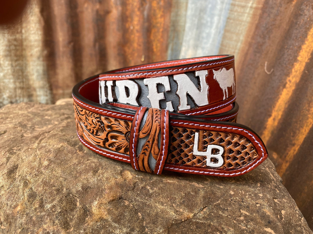 Hand tooled leather belts with name sale