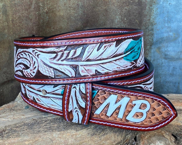 1873 Pink Feather Hand-tooled Leather Belt For Women S-4062 Hand-Tooled Pink Floral Western Leather Belt with Oval  main image 4